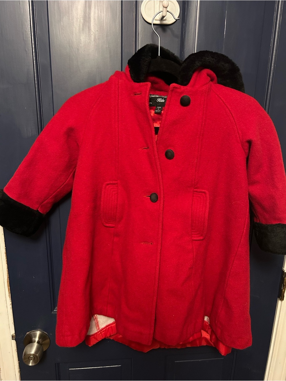 Vintage Stephanie Mathews Kids Red 100% Wool Hooded Coat Faux Fur Trim Size 6